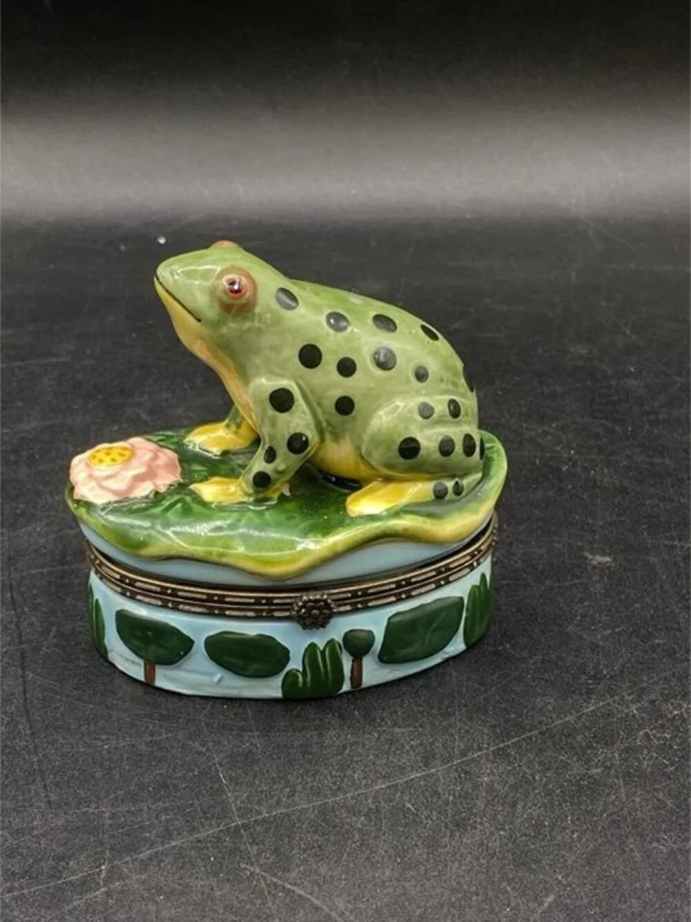 Frog Trinket Box Ceramic Spotted Frog on Lily Pad Oval Trinket Box